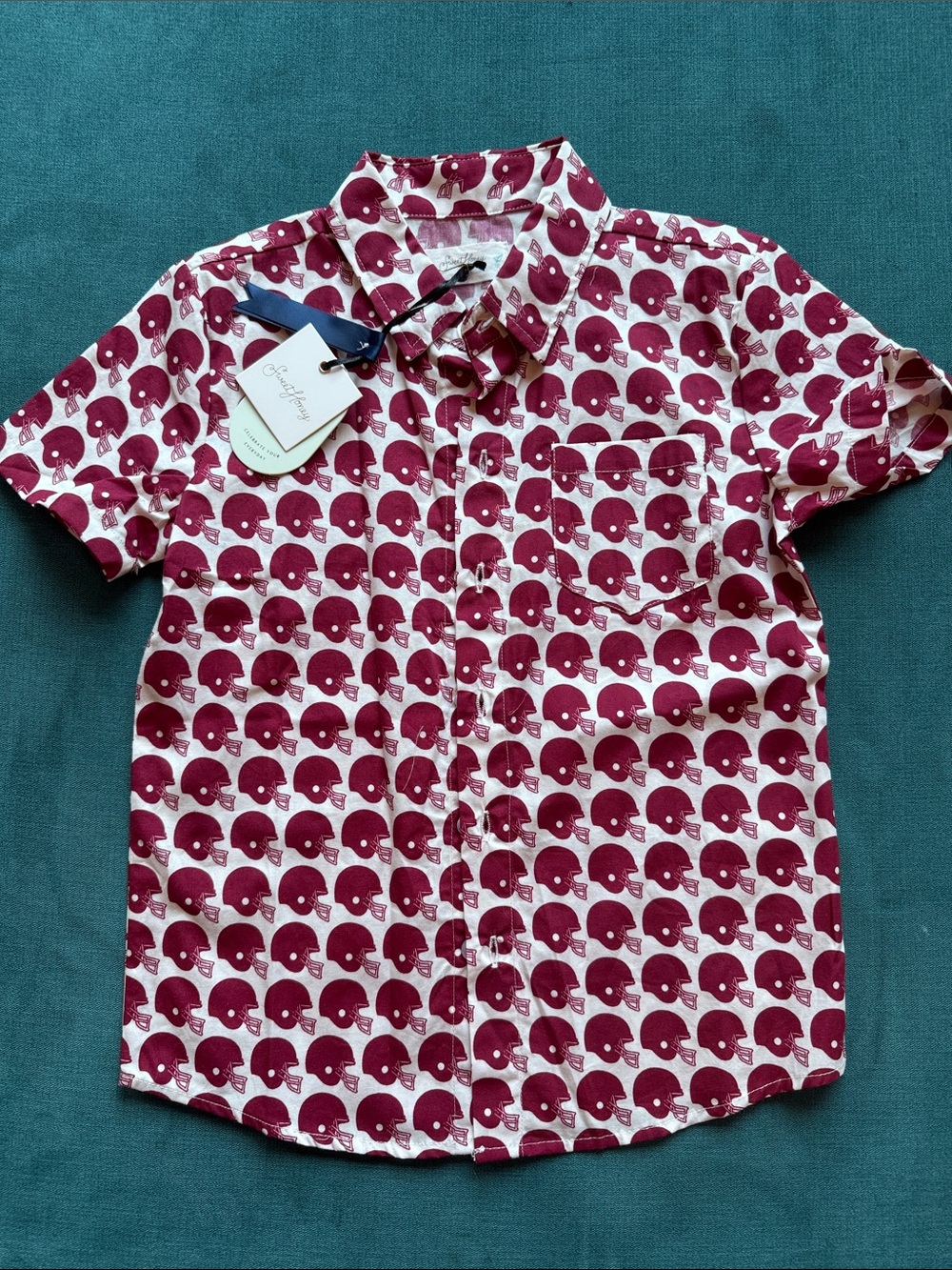 Sweet Honey Boys Button-Up Shirt in Burgundy Helmet Print